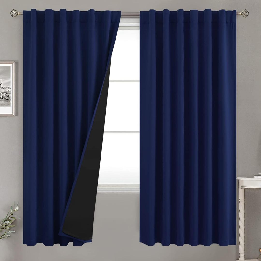 BGment Navy Blue 100% Blackout Curtains 72 Inches Long with Black Liner, Rod Pocket and Back Tab Double Layer Full Room Darkening Thermal Window Curtains for Bedroom, 2 Panels, Each 52 x 72 Inch