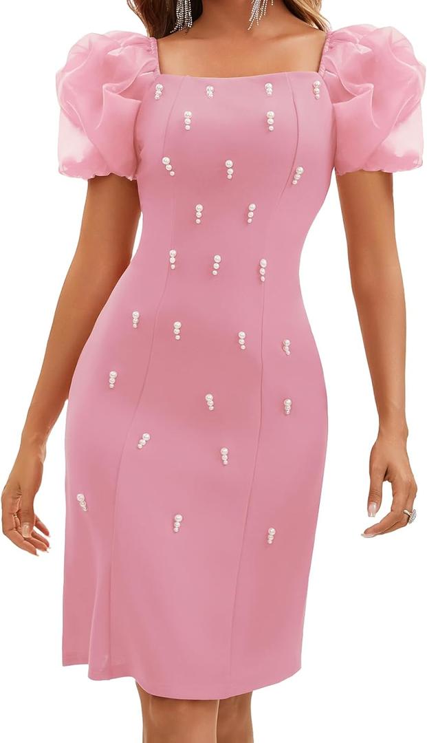 LALACAT Women's Summer Formal Dresses Bodycon Square Neck Puff Short Sleeve Slit Wedding Guest Mini Dress(D2413-Pink Short-M)