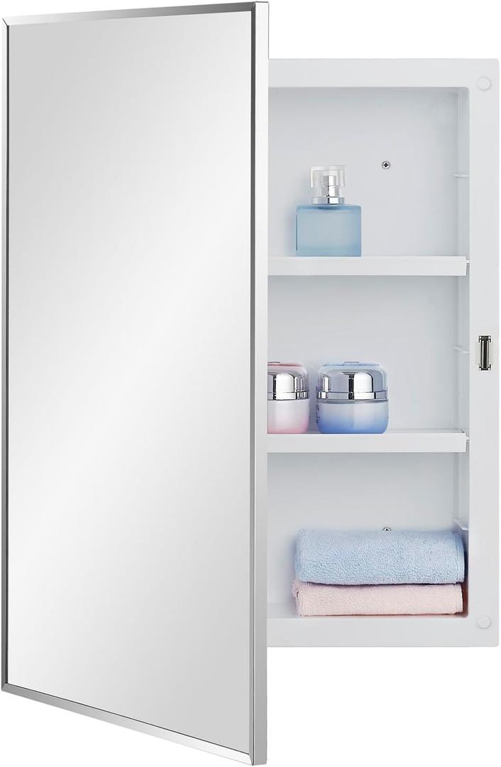 Plastic Bathroom Medicine Cabinet with Framed Mirror 16 x 22 inch, Surface and Recessed Mount (16x22 inch Framed Mirror)