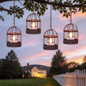 Solar-Hanging-Lanterns-Outdoor-Waterproof, Rust Birdcage Style Candle Holders with Flickering Solar Tea Lights for Backyard Patio Garden Fence Tree Decoration (4)