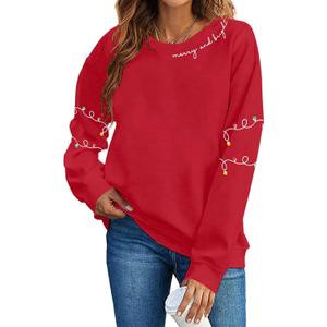Christmas Sweatshirt Women Christmas Light Sweatshirts Merry And Bright Xmas Long Sleeve Shirts Crewneck Pullover Tops (Red, XL)