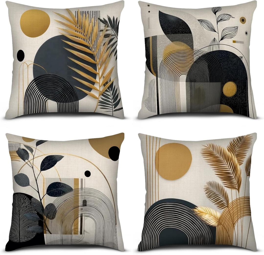 Geometry Set Throw Pillow Covers 18X18 Set of 4, Sofa Bed Couch Modern Home Decor Black and Gold Cushion Case, Abstract Art Luxury Botanical Plant Leaf Chic Decorative Outdoor Living Room