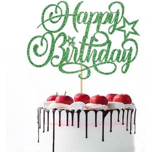 1Pcs Happy Birthday Cake Topper，Handmade Glitter Cake Pick，Celebrating Birthday/Anniversary Theme Party Decorations Supplies (Green, White)