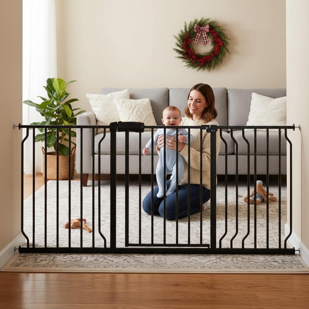 Extra Wide Baby Gates for Doorways 52.76"-62.20" Extra Wide Baby Gate Dog gate Pressure Mounted No Drilling with Walk-Through, Auto-Close & Dual-Direction Swing for Large Wide Opening Black