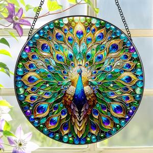 Stained Glass Window Hanging, LAOWEIKI 8'' Peacock Suncatcher, Stained Glass Ornament, Suncatchers for Windows Hanging, Window Decor, Outdoor or Indoor, Gifts for Women, Lovers, Couple, Friend, Bestie
