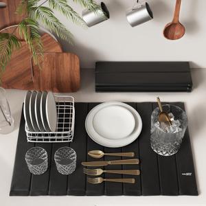 Stone Drying Mat for Kitchen Counter-Super Absorbent PU Dish Drying Mat, Quick Dry Stone Mat Kitchen for Dishes, Bottles & Cups, Large Foldable Stone Dish Drying Mat, Non-Slip Kitchen Mat 24" x 16", PU-Black (1 mat)