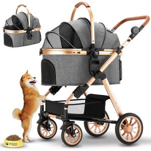 Pet Stroller for Medium & Small Dogs - Foldable, Lightweight Dog Carrier with Storage Basket (Gray)
