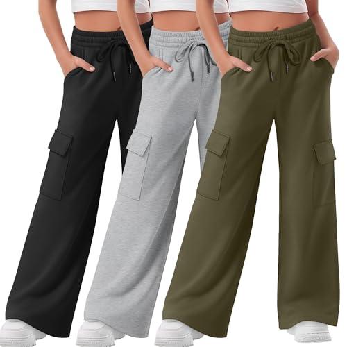 LessonZoo 3 Pack Girls Wide Leg Sweatpants Kids Cargo Baggy Pants Drawstring Casual Athletic Joggers for Teens 5-14 Years(Army Green, Light Gray, Black,Medium)