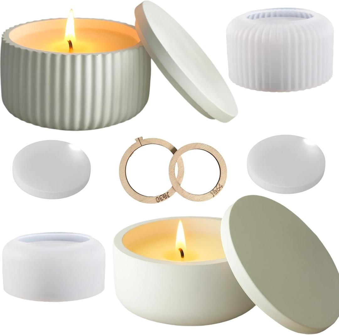 Silicone Jar Mold Set of 2 with Lids & 2 Wooden Fixing Rings  Round Candle Jar Molds for Plaster, Cement, Resin & Wax Crafts  Smooth & Ribbed Styles  Form Me