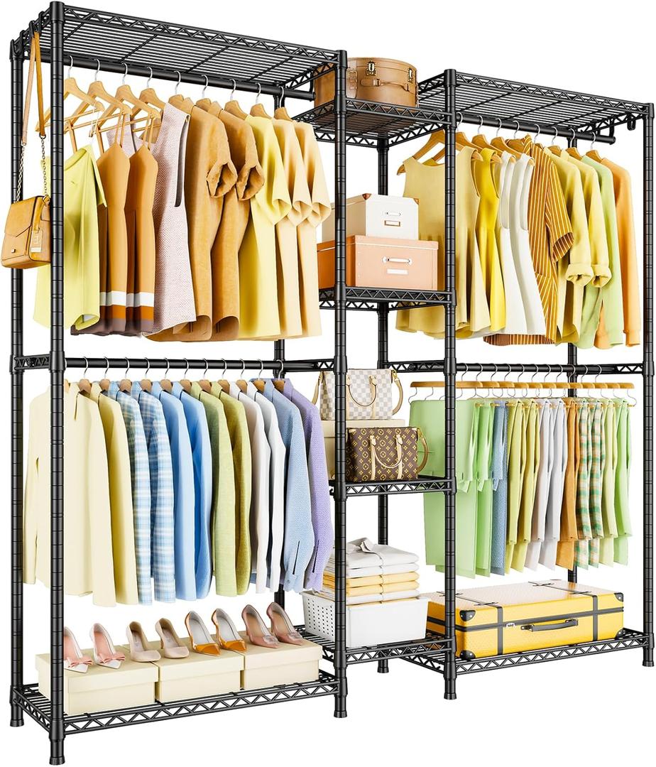 Ulif E4 Clothes Rack, Heavy-Duty Garment Rack, Metal Freestanding Clothing Organization Storage System Can Be L-Shaped with Shelves and Hangers, Max Load 962lbs, 71.6" W x 14.5" D x 79.3" H, Black