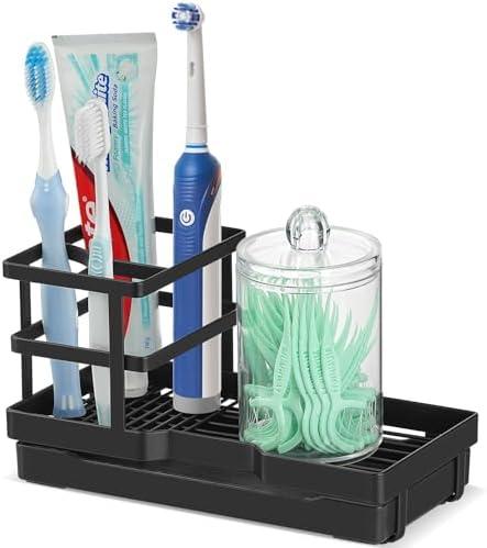 Pack of 2 MYITYARD Toothbrush Holders, Metal Tooth Brush Holder for Bathroom with Drainage, Countertop Electric Toothbrush and Toothpaste Organizer, Bathroom Accessories & Cotton Swabs Organizer Set, Black