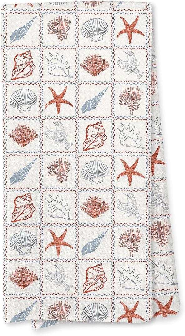 Giosve Coastal Beach Kitchen Towels, Coastal Beach Seashell Hand Towels for Bathroom, Starfish Coral Seashell Decor Dish Tea Towels for Kitchen, Coastal Bathroom Decor, 16x24 Inch
