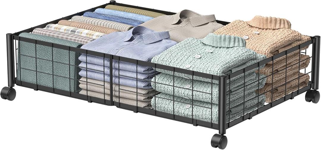 Under Bed Storage with Wheels, 360 Rotating, No-Assembly Underbed Storage Containers, 1 PACK (Black, Black)