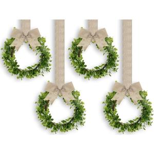 WILLBOND 4 Pieces Faux Kitchen Cabinet Wreaths Boxwood Wreaths with Ribbon Artificial Green Leaves Wreaths Decorative Hanging Wreaths for Cabinet Wall Window Front Door Decors (Burlap, Linen)