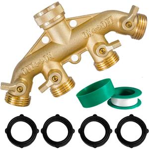 Hourleey Brass Garden Hose Splitter (4 Way), Solid Brass Hose Connector 3/4", Hose Spigot Adapter 4 Valves with 4 Extra Rubber Washers