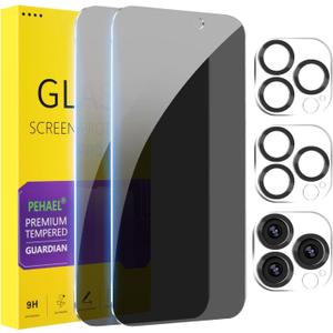 PEHAEL 2+2 Pack for iPhone 15 Pro Privacy Screen Protector with Camera Lens Protector Full Coverage Anti-Spy Tempered Glass Film 9H Hardness Easy Installation Bubble Free [6.1 inch]