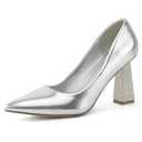 Women's Closed Pointed Toe Pumps Chunky Block High Heel Dress Office Party Wedding Shoes for Women Silver (7)
