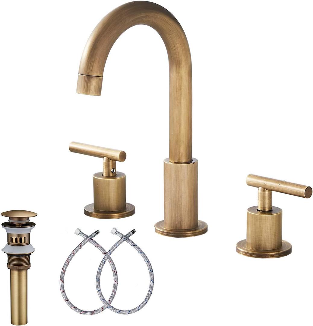 GGStudy 2-Handle Bathroom Faucet 3 Holes 360 Swivel Spout Antique Brass Widespread Bathroom Sink Faucet with Pop Up Drain
