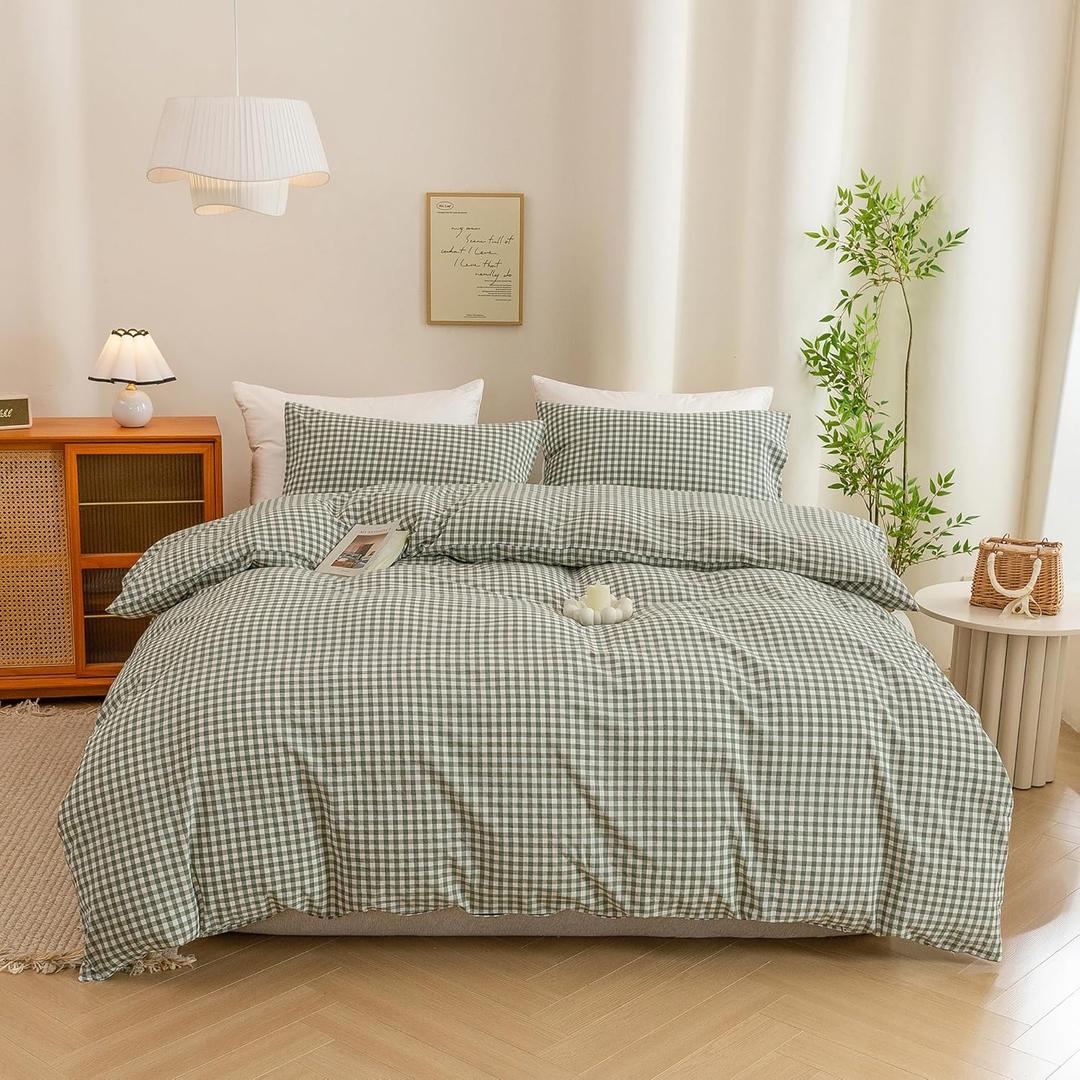 ECOCOTT Green Gingham Duvet Cover Queen Size 100% Washed Cotton Like Linen Feel Super Soft & Comfy Bedding Set Modern Checkered Design for All Seasons