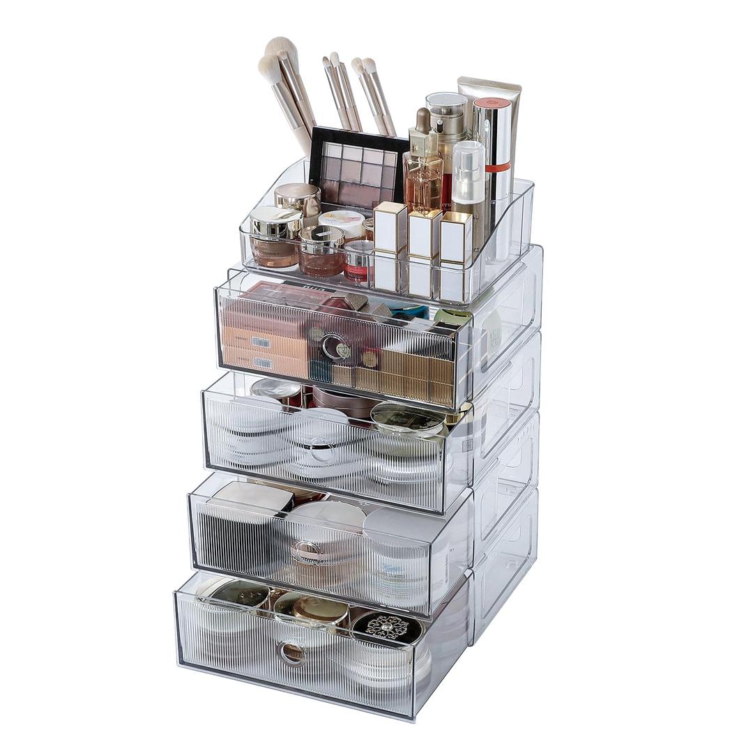 5-Tiers Makeup Organizer with Drawer for Vanity, Stackable Bathroom Storage Box for Beauty Essentials, Skincare Products, Cosmetic Brushes, Perfume Stand, Clear Lipsticks Holder