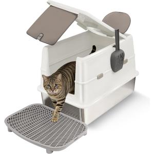 Extra Large Stainless Steel Cat Litter Box with 120° Lid for Multiple Cats, Enclosed Top Entry Litter Box High-Sided Anti-Leak Litter Box, Dog Proof Litter Boxes with Litter Step & Scoop