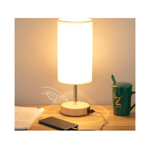 Yarra-Decor Bedside Table Lamp with USB Port - Touch Control for Bedroom Wood 3 Way Dimmable Nightstand Lamp with Round Flaxen Fabric Shade for Living Room, Dorm, Home Office (LED Bulb Included)