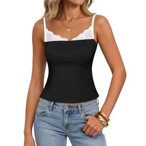 ZESICA Women's Sleeveless Lace Camisole Tops Summer 2026 Spaghetti Strap Tank Top Y2k Sexy Going Out Trendy Shirts Black, Medium