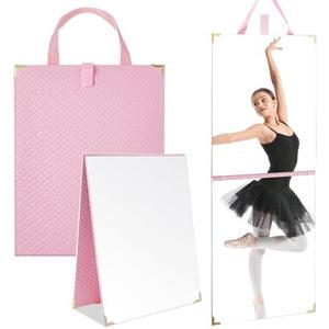 Chunful Frameless Travel Hanging Mirror Leather Foldable Full Length Backstage Makeup Mirror with Handle for Travel Dance Competition Home Fitness Gift(Pink,33.07 x 12.99 Inches)