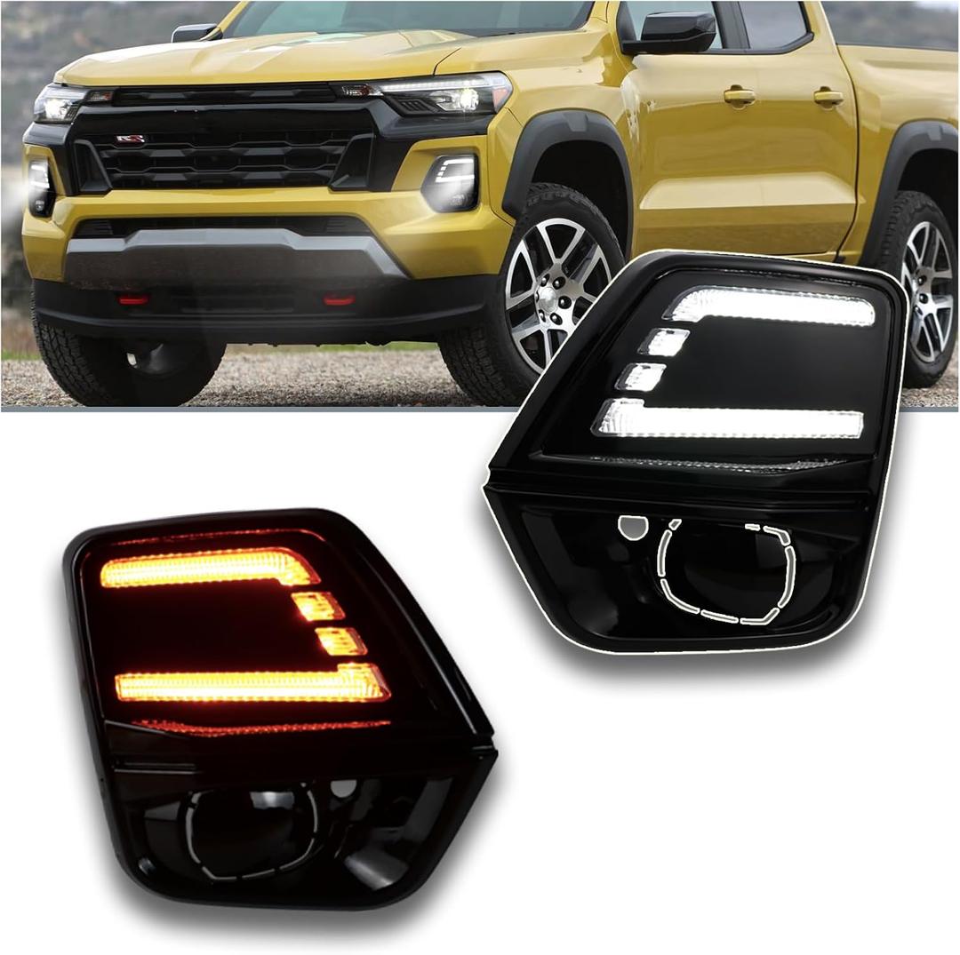 LED Front Bumper Light Kit for 2023-2024 Chevy Chevrolet Colorado Switchback White DRL Fog Lamps & Dynamic Amber Sequential Turn Signals | Direct Bolt-On OEM Replacement Bumper Trim (Pair)