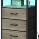 Night Stand with Charger Station - Grey Nightstand with LED Light Strip, Morden Bedside Table with USB Ports & AC Outlets, End Table with Storage Shelf & 3 Fabric Drawers