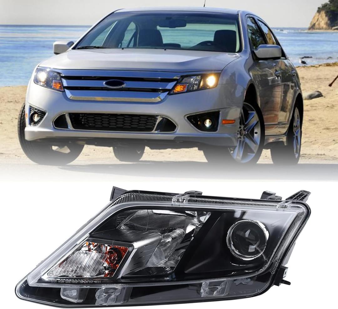 LH Black Housing Headlight Fit for 2010 2011 2012 Ford Fusion Halogen Type W/Bulbs Left Driver Side Projector Headlamp Assembly FO2502273 9E5Z13008B