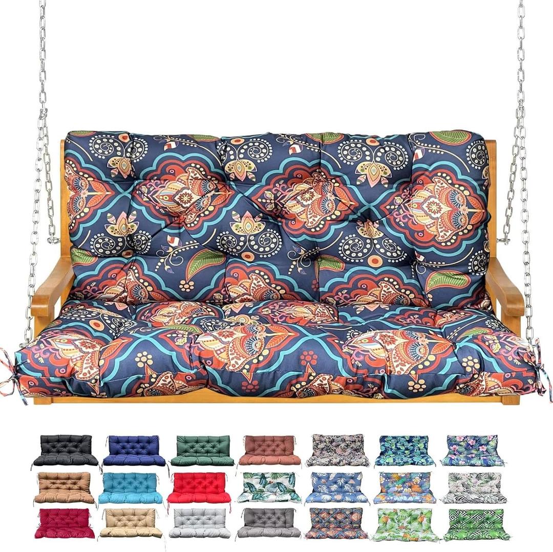 Porch Swing Cushion with Backrest,Waterproof Bench Cushion for Outdoor Furniture,2-3 Seater Replacement Thickened Swing Cushion with Ties,Patio,Outdoor,Backyard and Garden (Bohemian,47x40)