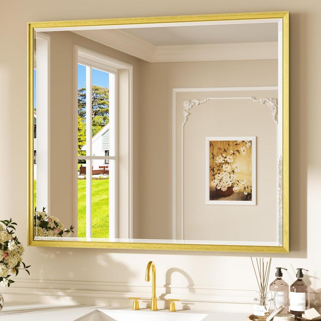 Keonjinn 42 x 36 Inch Gold Bathroom Mirror, Tempered Glass Vanity Mirror
Brushed Finish, Brass Vanity Mirror, Anti-Rust Aluminum Frame, Rounded Rectangle, French Cleat Mount, Ideal for Home Décor