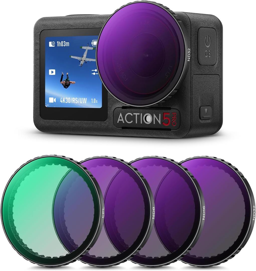 K&F Concept Snap On PL & ND Filter Kit Compatible with DJI Osmo Action 3/4/5 Pro, 4 Pack Push-in Fit CPL ND8 ND16 ND32 Polarizing Neutral Density Filter, HD Optical Glass Multi-Coated