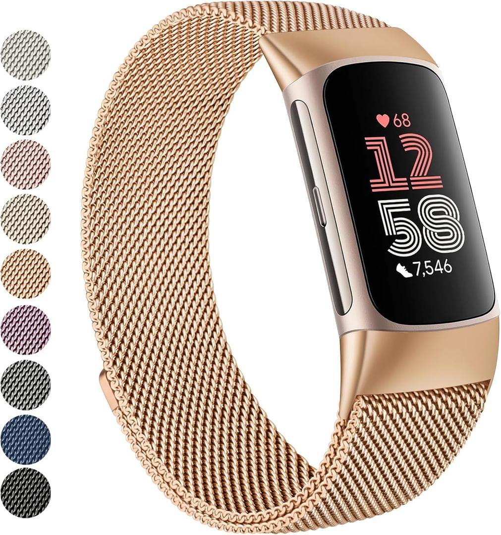 Vanjua for Fitbit Charge 6 Bands Women Men, Stainless Steel Metal Mesh Loop Adjustable Wristband Replacement Strap Compatible with Fitbit Charge 6 Fitness Tracker (Rose Gold)