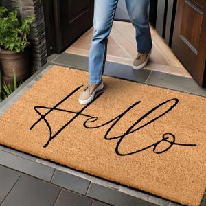 Hello Door Mat Outdoor Coco Coir Doormat, with Heavy-Duty PVC Backing - Natural - Perfect Color/Sizing for Outdoor/Indoor uses. (30 x 17, Hello Script-20)
