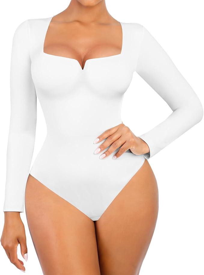 FeelinGirl Long Sleeve Bodysuit for Women Square Neck Notched Body Suits Slim Fit Thong Bodysuit Jumpsuit Corset Tops White M