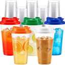 LemonRoad 100 Pack 16 oz Clear Plastic Cups with Strawless Sip Lids Disposable Halloween Party Coffee Cups with Rainbow Colors Sip Lids in 5 Colors Hot Cold Drink Tumblers for Iced Coffee Smoothies