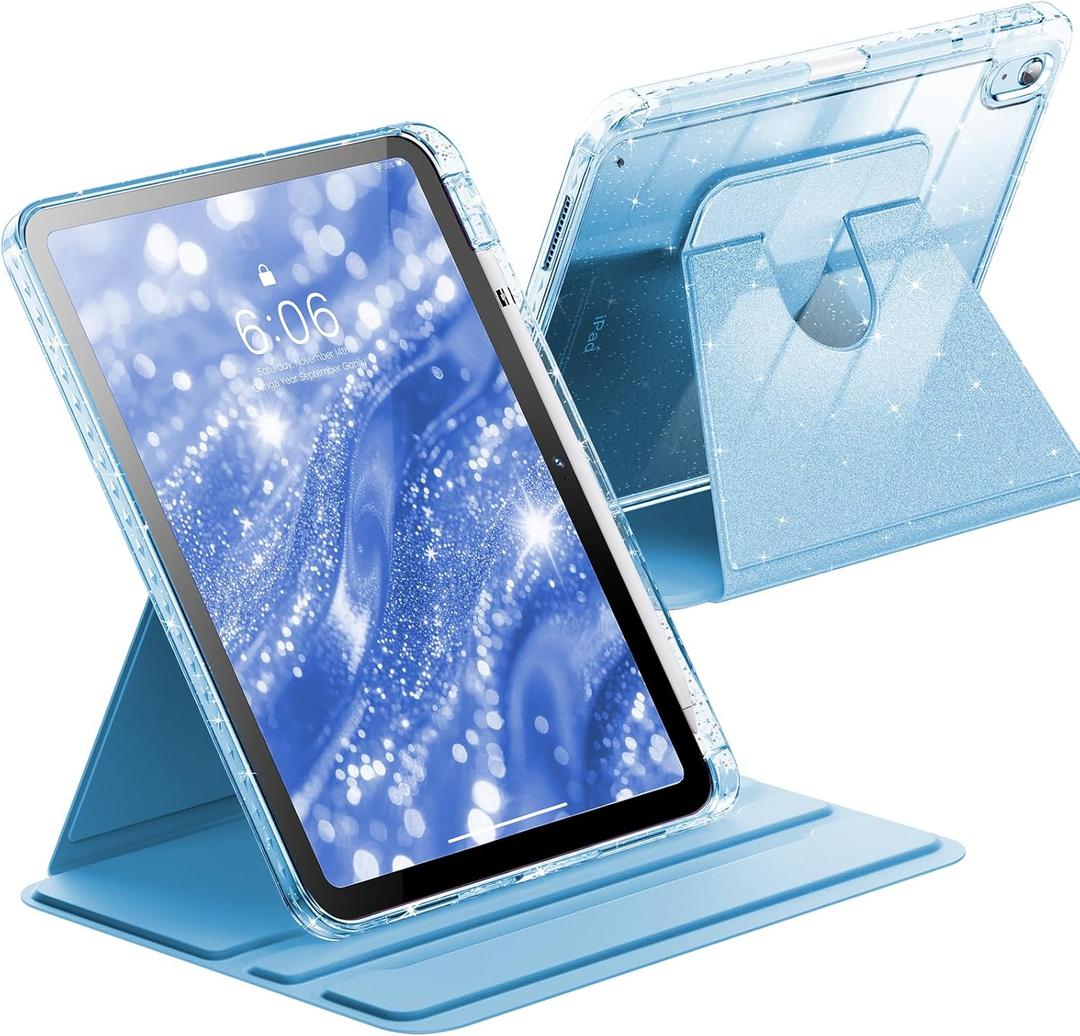 INFILAND Case for iPad A16 11-inch 11th Generation, iPad 10th Generation Case 10.9 Inch for Kids, Girls, 360 Rotating Cute Glitter Cover with Crystal Clear Back, Pencil Holder (Blue)