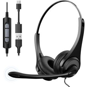 USB Headset with Microphone, Wired Headset for Laptop/PC with Noise Cancelling Mic, Stereo Headphones with in-Line Volume Control for Work, Office, Teams, Zoom, Skype, Online Class