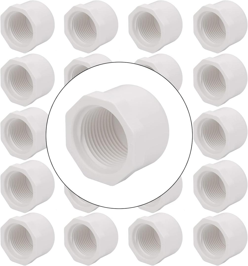 20PACK 3/4 Inch PVC Pipe End Cap - 3/4 Inch Female Threaded Plug Adapter, SCH 40 PVC Cap Fitting for Plumbing Water Line, White