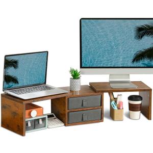TEAMIX Dual Monitor Stand Riser with 2 Drawers - Length and Angle Adjustable 3 Shelf Monitor Riser with Storage Desk Organizer Large Monitor Stand for 2 Monitors/Laptop/PC,Screen/TV Stand Riser (Brown)