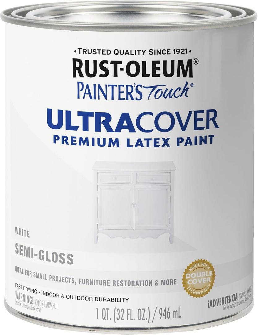 Rust-Oleum 1993502 Painter's Touch Ultra Cover Multi-Purpose Brush-On Paint, 1 Quart, Semi-Gloss White