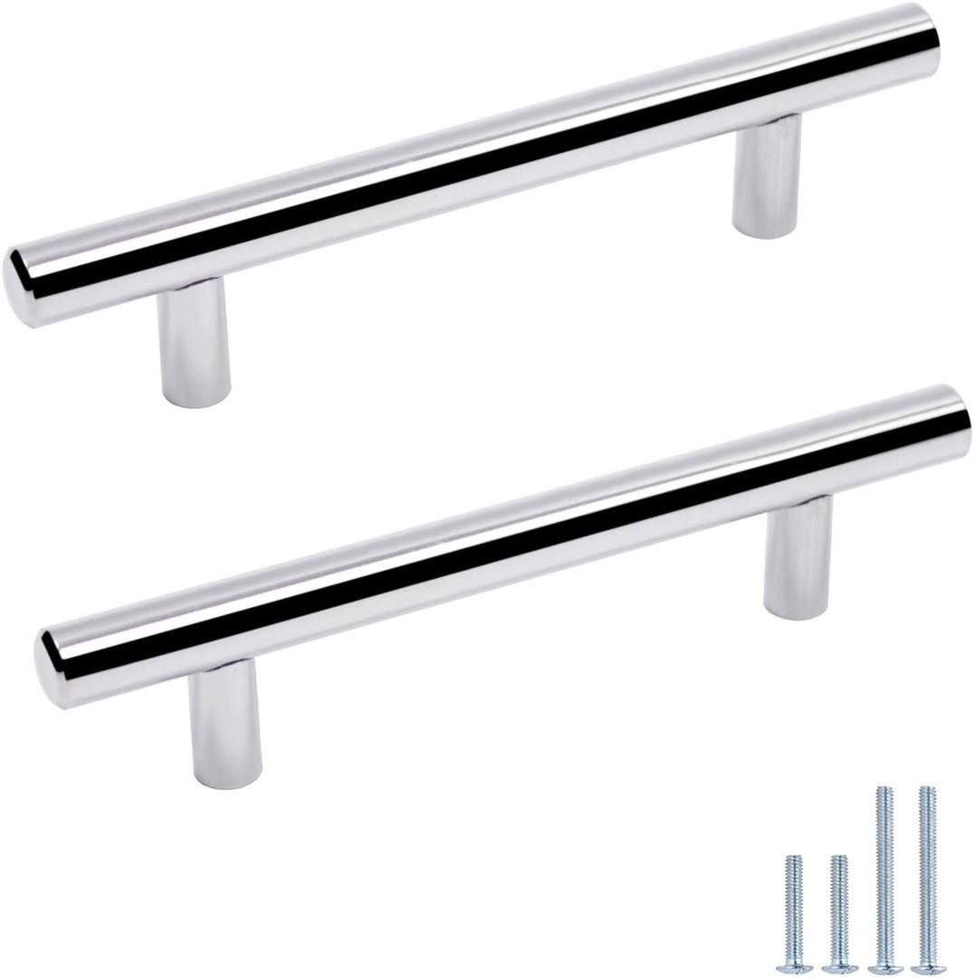 Probrico Pack of 30 |3.5 inch Drawer Pulls Stainless Steel, Modern Polished Chrome Cabinet Pull, Round T bar Handles Dresser Drawer knobs, Kitchen Cabinet Knobs Hardware, 6 inch Overall Length (hole center 3-1/2")