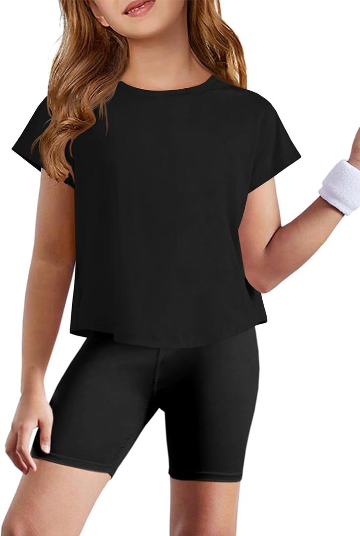 ZDC Girls Athletic Yoga Shirts Summer Short Sleeve Quick Dry Crop Tops Basic Gym Tees 5-14 Years (Black)