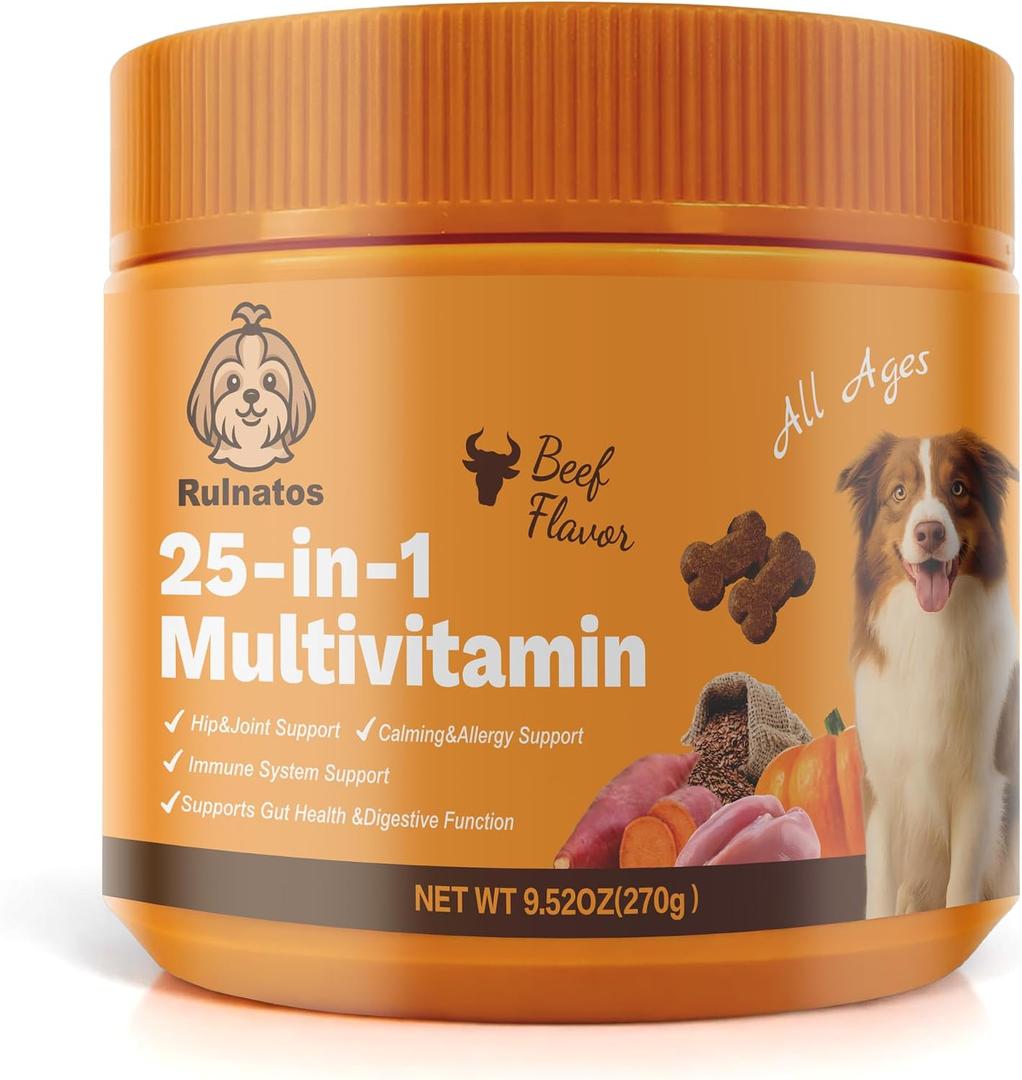 25-in-1 Dog Multivitamin, Chewable Supplements for Hip & Joints, Immune System, Gut & Digestive, Calming & Allergy Support, Omega 3 for Puppy & Seniors Dogs - 90ct (Beef), EXP 01/22/2028