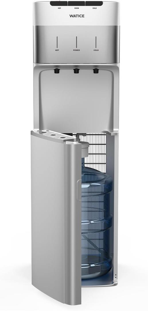 Self-Cleaning Bottom Loading Water Cooler Water Dispenser for 3 or 5 Gallon Bottles - Hot, Room & Cold Water, Child-Safety Lock, for Home/Kitchen/Office (Silvery)