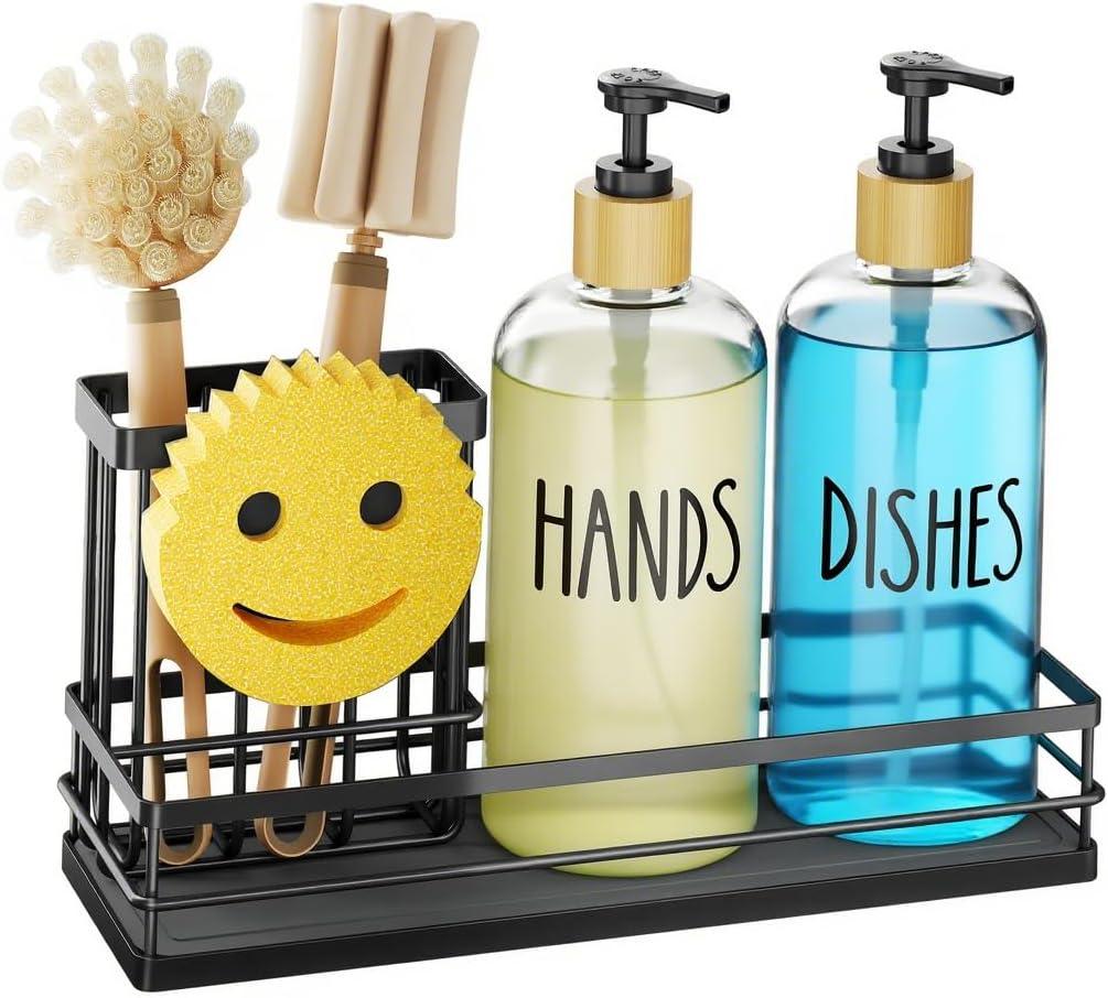Moforoco Kitchen Dish Soap Dispenser Set, 16OZ Glass Bottle, Hand and Dish Soap Dispenser Set, Instant Dry Tray, Non-Slip Silicone Pad, Brush Holder with Sponge Holder, Kitchen DecorClear Bottle