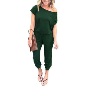 PRETTYGARDEN Jumpsuits for Women 2025 Dressy Casual Off Shoulder Romper Outfits Spring Vacation Travel Summer Lounge Clothes (Large, Dark Green)