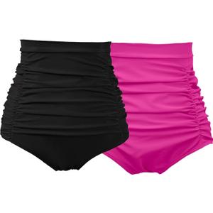 COCOPEAR Women's Ruched High Waisted Bikini Bottom Retro Vintage Swim Short Tankinis Floral 55 S (3X-Large, Black+deep Pink)